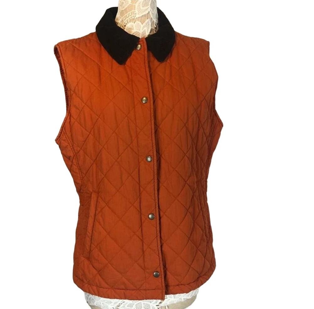 Y2K L.L. Bean Quilted Orange Fall Vest With brown corduroy collar size XL